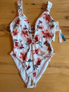 NWT Lucky Brand White One-Piece Swimsuit with Coral and Sage Floral Print Sz S